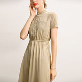 Womens Silk Midi Dress Lace Panel Bodice Short Silk Dress